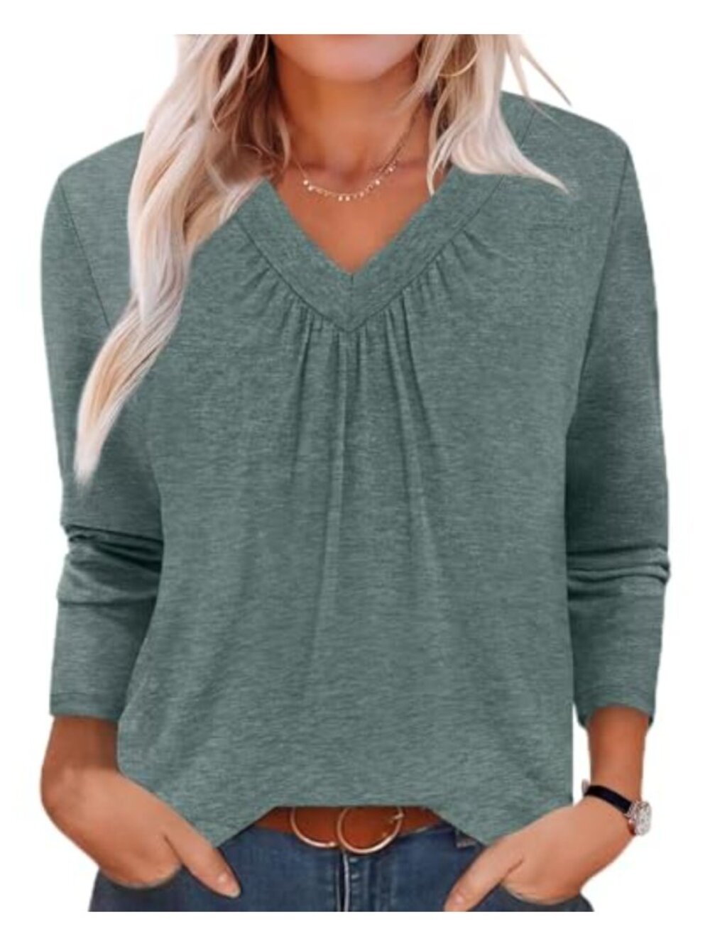 Womens Pleated V Neck Long Sleeve T Shirt Loose Casual Fall Blouse